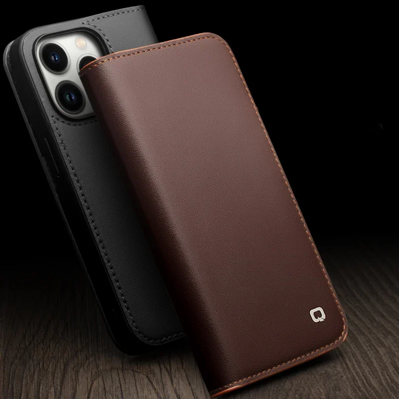 New QIALINO Genuine Leather Flip Case for iPhone 14 13 12 Pro Max Handmade Phone Cover with Card Slots for iPhone 14 Pro/14 Plus