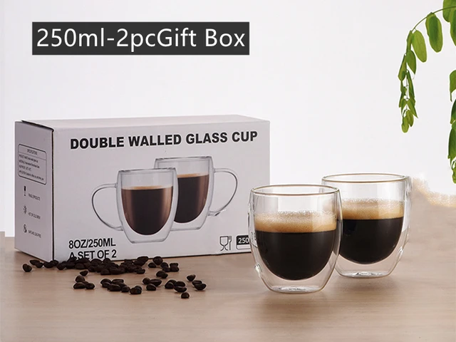 2pc/6pc Double-layer Heat-resistant Glass Coffee Cup Transparent Tea Beer Coffee Water Cups Heat Preservation cup Gift set 250ML-2PC gift box