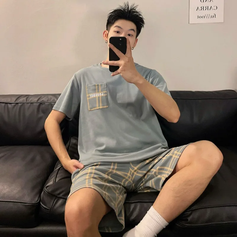 Cotton Large Size Men Pajamas O Neck Youth Student Nightwear Homewear Simple Letters Striped Sleepwear Loungewear