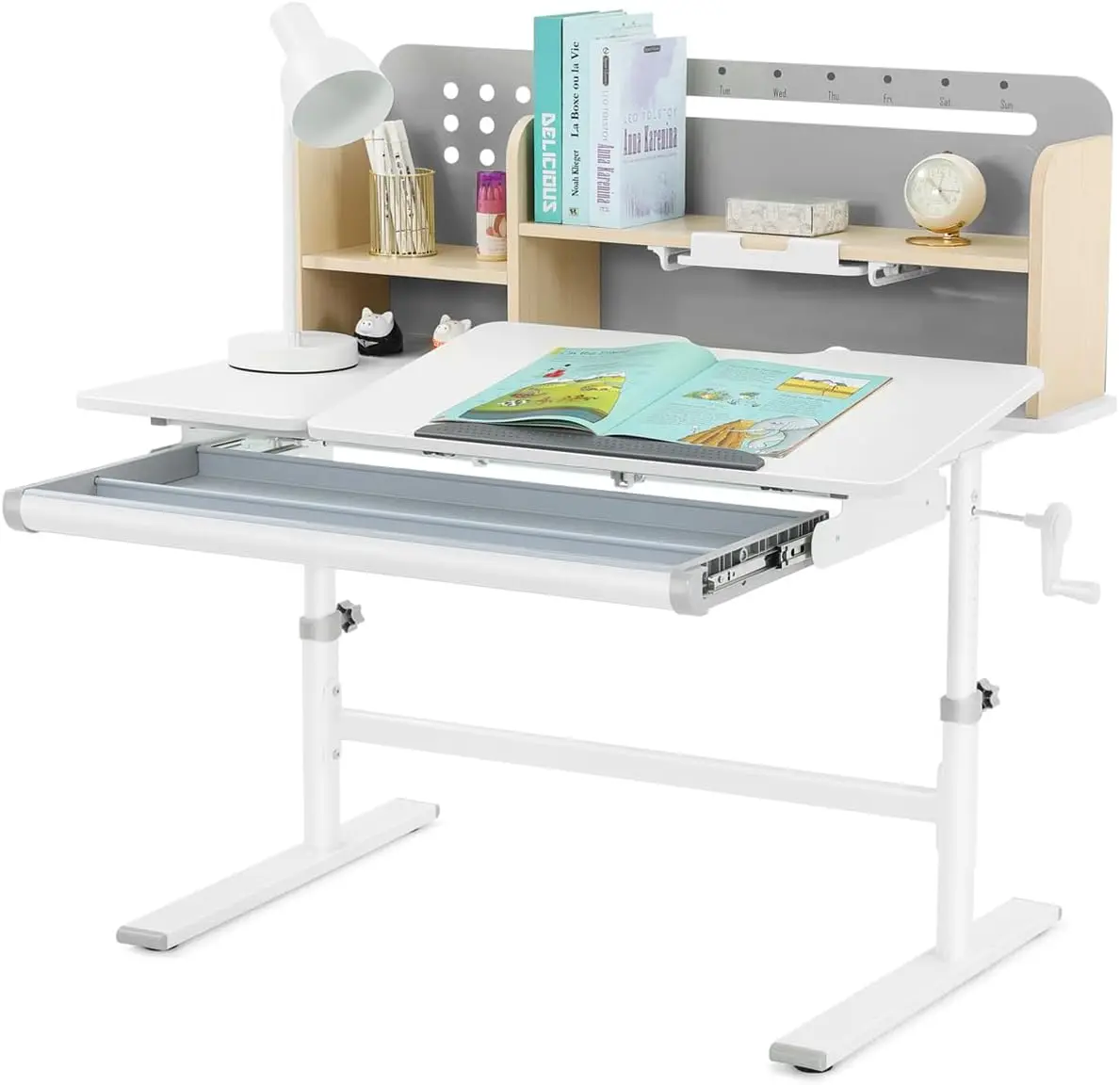 COSVALVE 39in Wide Adjustable Height Kids Desk with Tilting Desktop, Steel Frame, Drawer, and Bookshelf Hutch, Study Child Table