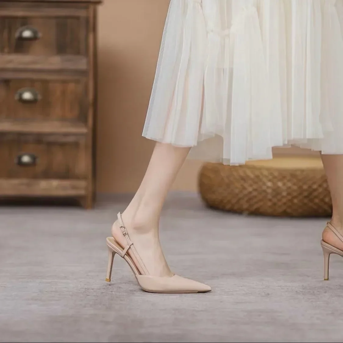 Dark Apricot Shallow Women Slingback Pumps Vintage Pointed Toe Summer Chic Work Stilettos Brown Lady Thin High Heels Zapatillas
