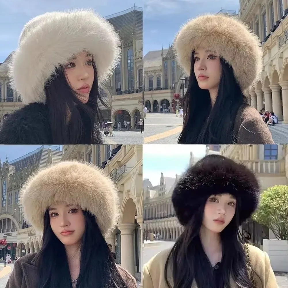 Fashion Headwear Fluffy Fur Winter Hat Solid Color Bucket Hat Cold Windproof Thicken Panama Cap for Women Girls