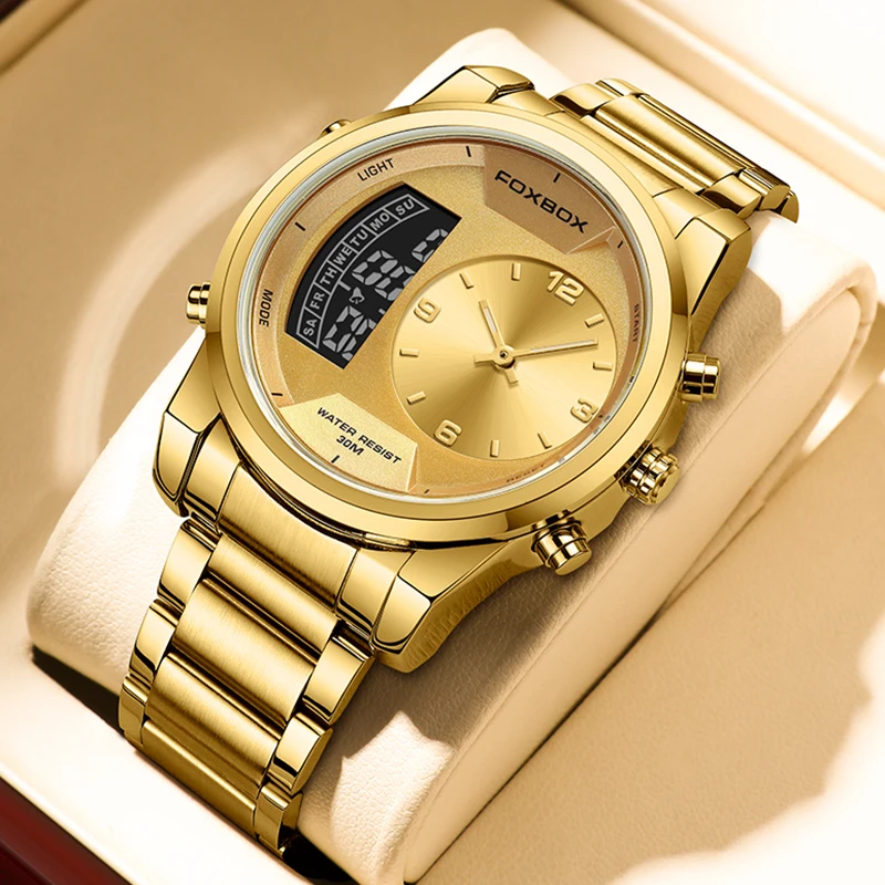 FOXBOX New Gold Quartz Wristwatch For Men Fashion Military Sport Waterproof Watch Men Top Brand Luxury Dual Display Watch Men 6