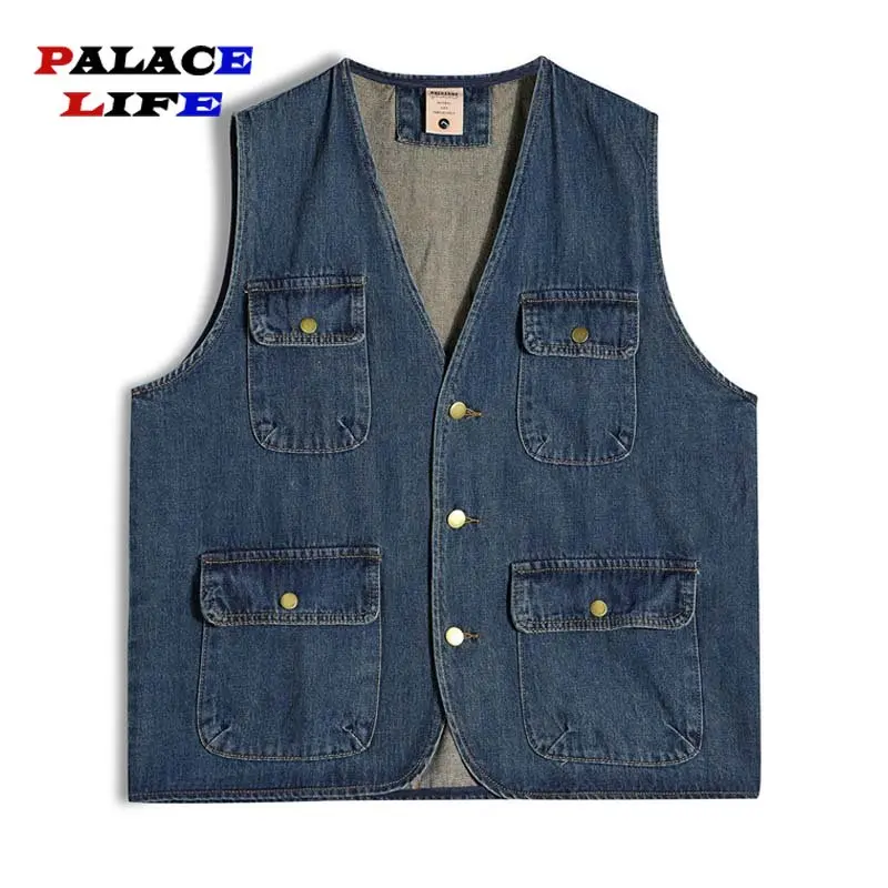 

Workwear Denim Vest Men Multi Pocket Adjustable Function Vintage Vest Streetwear Summer Waistcoat Sleeveless Jacket Biker Vests