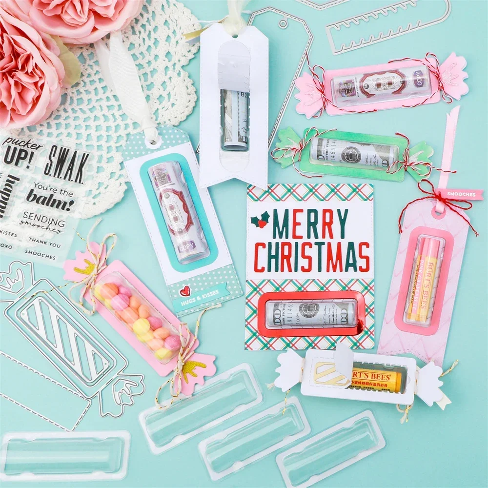 Plastic Clear Rectangle 3D Domes and Tag Candy Die Self-Adhesive Lip Balm Pouches Money Holder 20pcs/Pack for DIY Craft GiftCard (shaker domes set)