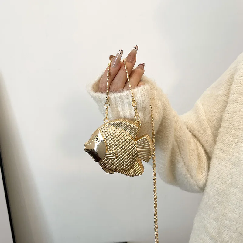 Cute Little Fish Shape Metal Mini Shoulder Crossbody Bag Lady Fashion Lipstick Bag Gold Silver Purse Handbag Evening Clutch