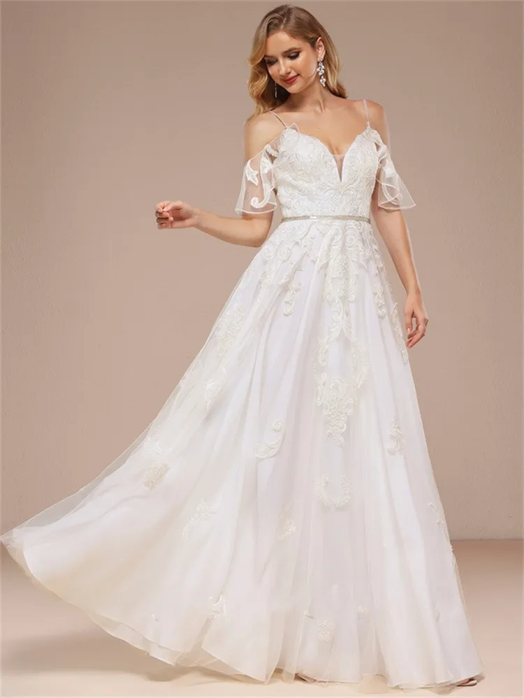 A-Line V-neck Floor-Length Tulle Lace Wedding Dress With Beading Sequins Elegant Women's Wedding Dress Group Simple Solid Color