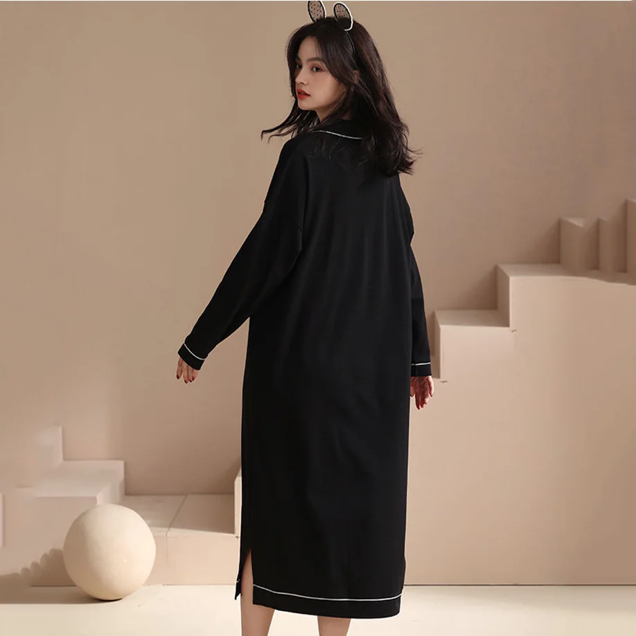 Black Straight Long Sleeve Nightgowns Women Fashion Mature Popular Harajuku Elegant Sleepwear Soft Tender Midi Nightdress Spring