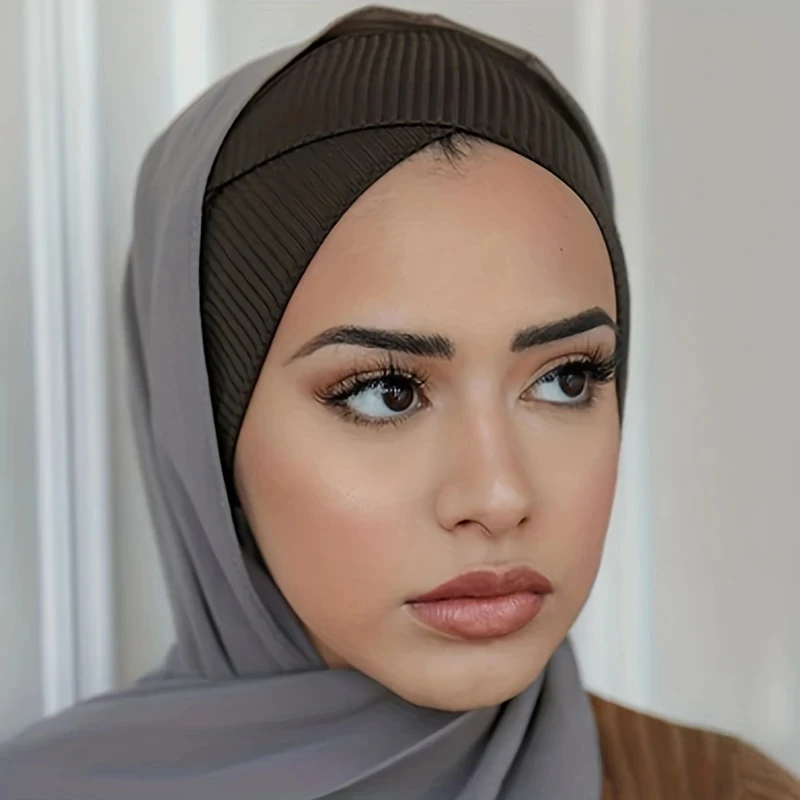 

2023 New Ramadan Striped Inner Hijab Cap Scarf Solid Color Turban Cap Casual Elastic Head Wrap Bandana Cross Underscarf