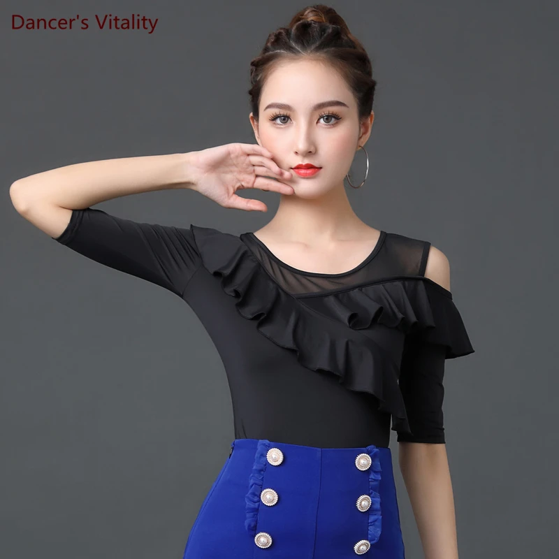 

Latin Dance Competition Top Mesh Stitching Lotus Leaf Swing Round Neck Dance Suit Waltz Ballroom Dancing Adult Practice Clothes