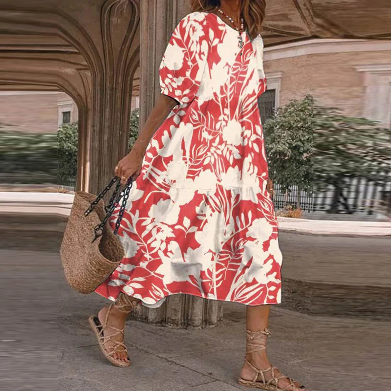 

Spring Floral Print A-Line Party Dress Women Fashion Crew Neck Pleated Office Dress Summer Short Sleeve Loose Boho Dress Vestido