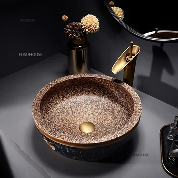 สไตล์โมร็อกโก STAGE เซรามิคอ่างล้างหน้ารอบ 40 ซม.ห้องน้ํา Art อ่างล้างหน้า Creative Designer ในครัวเรือนด้านเดียวอ่างล้างหน้าห้องน้ําอ่างล้างจาน 1