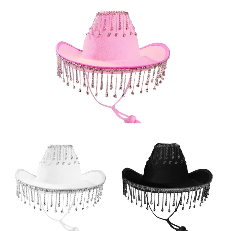 

Cowboy Hat Rhinestones Fringe Rave Cowgirl Hat Costume Accessories