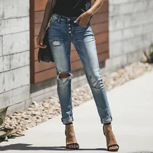 

Jeans Woman With Hole 2022 New Style Stretch Slim Pencil Denim Trousers Black Blue Summer Collection Casual Bottoms Button Fly