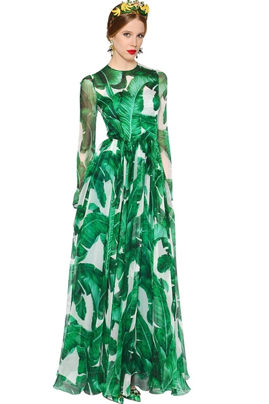 

Women's New Fashion Spring and Summer Dress Banana Leaf Printing Round Neck Long-Sleeved Maxi Bohemian Beach Dress With Belt
