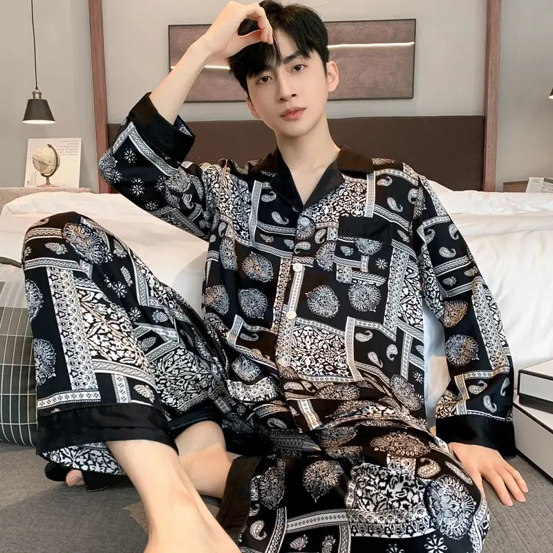 2024 New Men Ice Silk Pajamas Spring Autumn Male Long Sleeve Thin Artificial Silk Homewear Suit Fashion Large Size Sleepwear