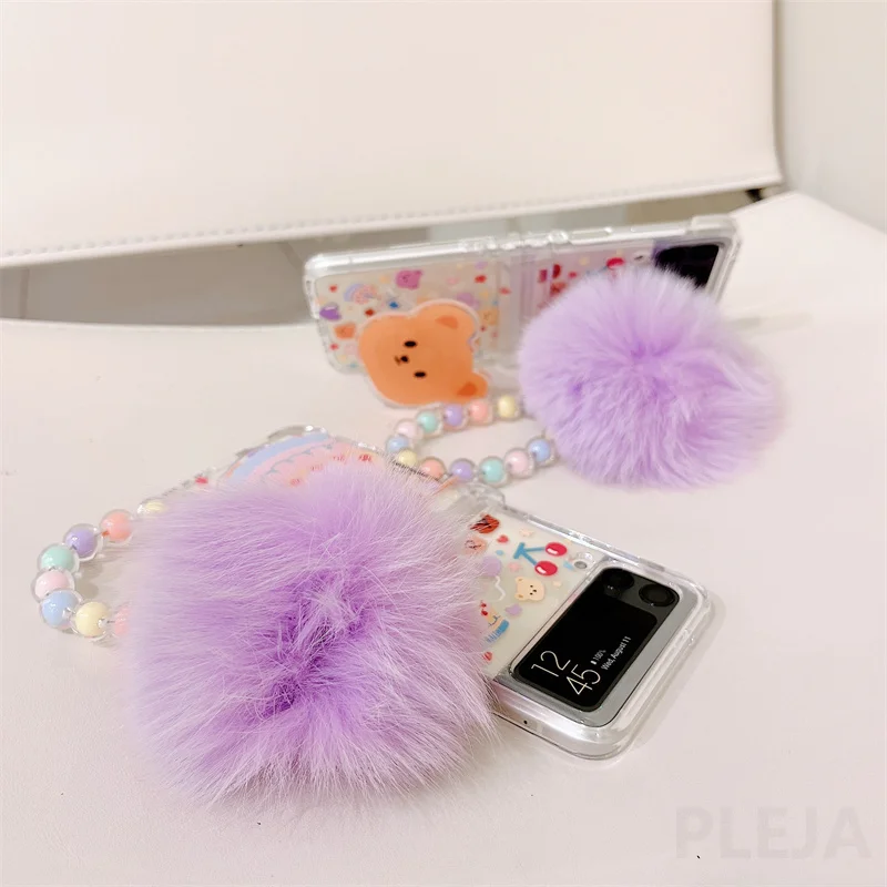 Cute Fluffy Heart Pompom Hand Rope Solid Phone Case For Samsung Z Flip –  The Kawaii Shoppu