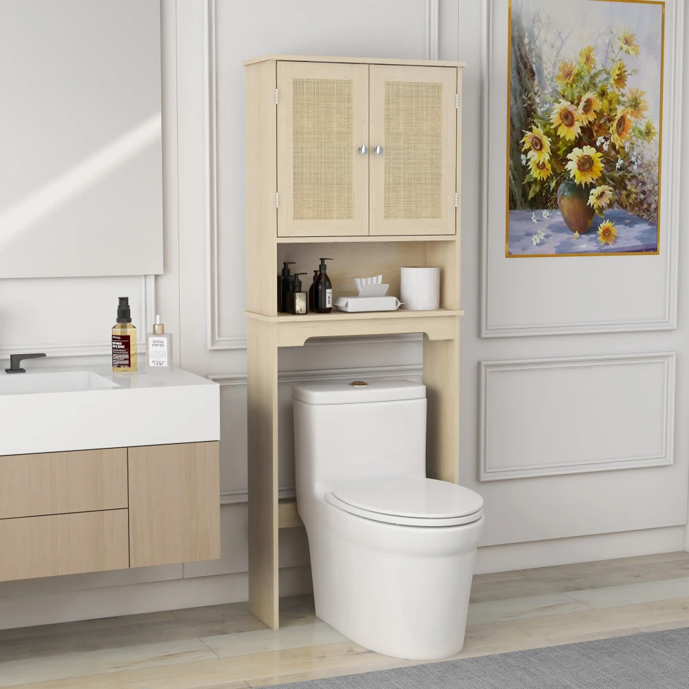 Over The Toilet  Cabinet, Bathroom Shelves Over Toilet with 2 Rattan Doors&Adjustable Shelves&Open  Shelf-Natural Wood 2