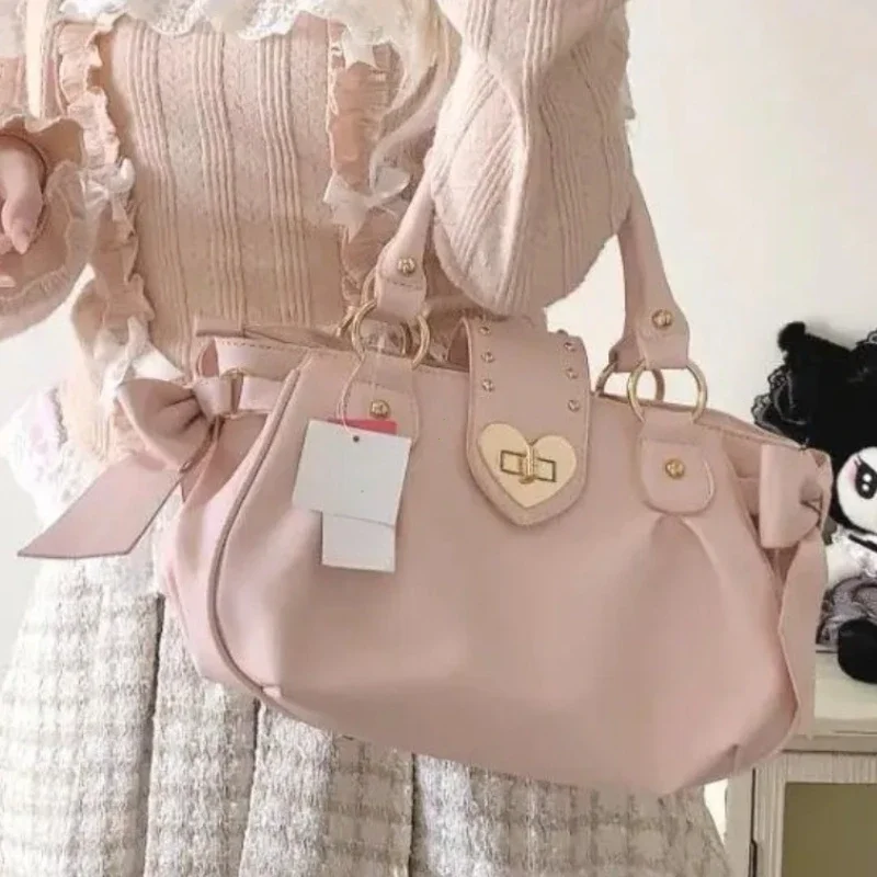 Kawaii Bow Lolita Pink Shoulder Bag Japanese Style Sweet Love Heart Crossbody Bags for Women Cute Large Capacity Handbags Girl