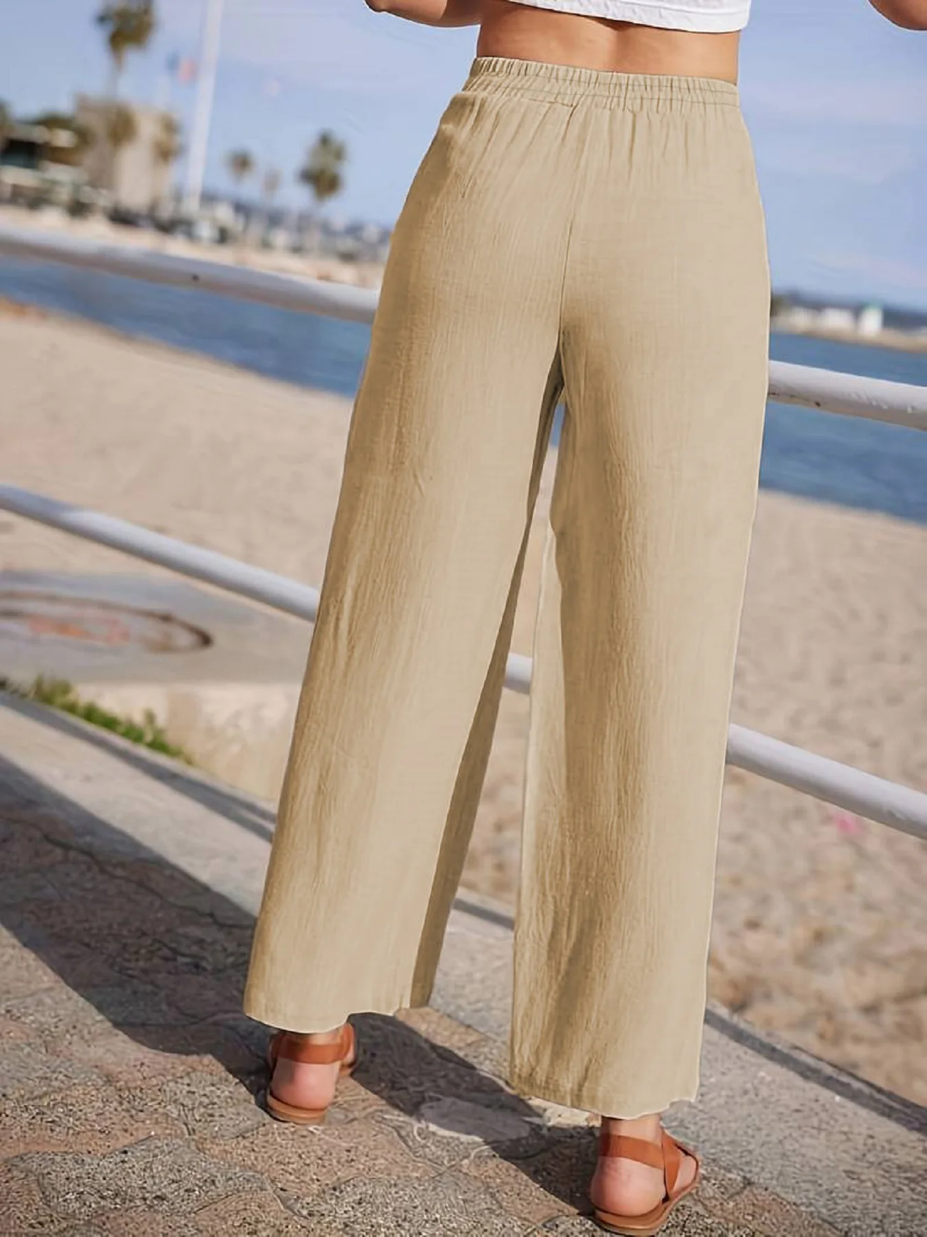 New Summer WOMEN'S High Waist Casual Loose Straight Cotton Linen Wide Leg Pants