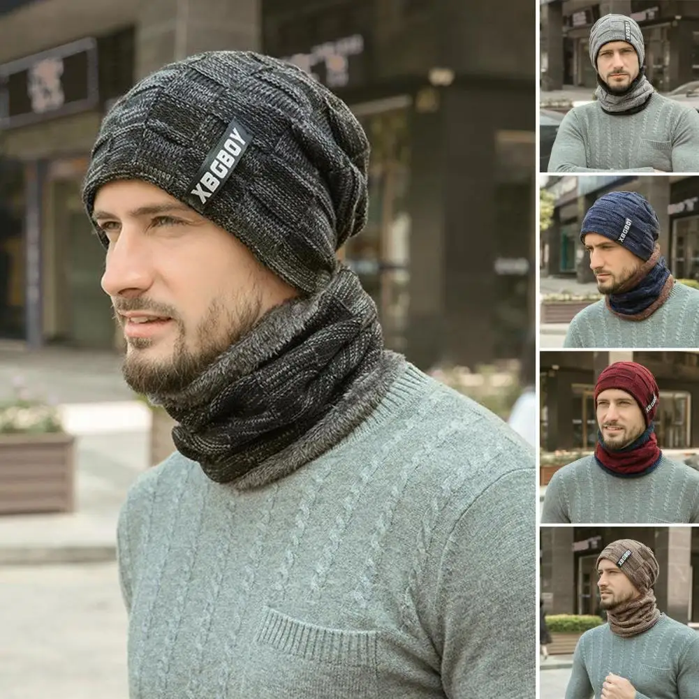 

Hat Scarf Set Knitted Winter Hat Scarf Set with Windproof Protection for Men Thick Plush Elastic Neck Wrap for Outdoor Skiing