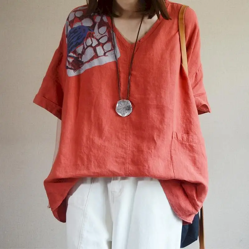 

Cotton Linen Oversized T Shirts Women Korean Loose V-neck Short Sleeve T-shirt Fashion Print Aesthetic Tops Summer Thin Tshirt