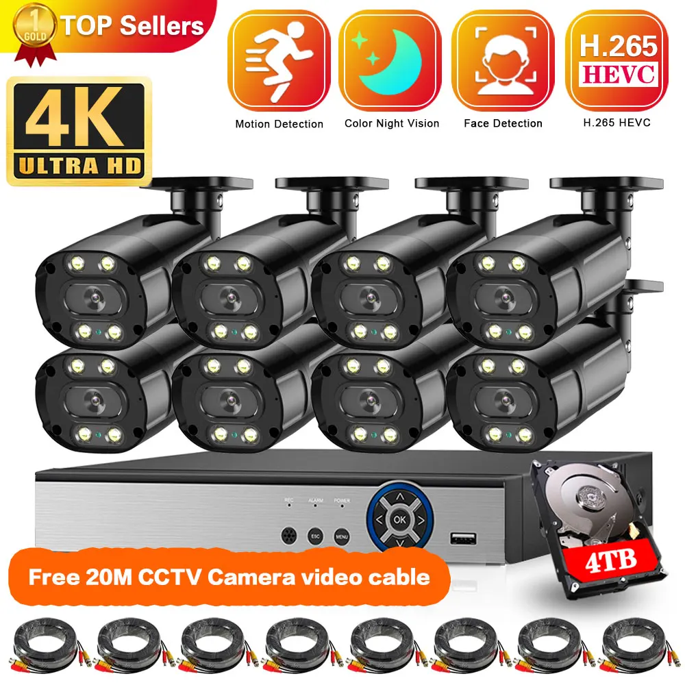 

8 Channel CCTV DVR Kit 4K Full Color Night Vision AHD Security Camera System Set Outdoor Wateproof Video Surveillance System Kit