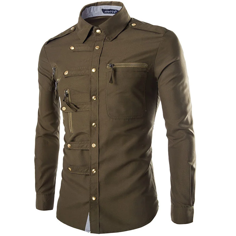 

New Spring Autumn Men Long Sleeve Cargo Shirt Casual Slim Fit Fashion Double Pocket s Clothing Turn-Down Collar