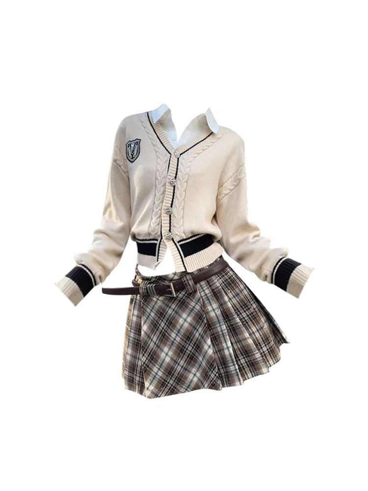 

Preppy Style Fashion Outfits 2 Piece Skirt Set Office Lady Y2K Lapel Collar Cardigan + Elastic Waist Pleated Plaid Skirt Elegant