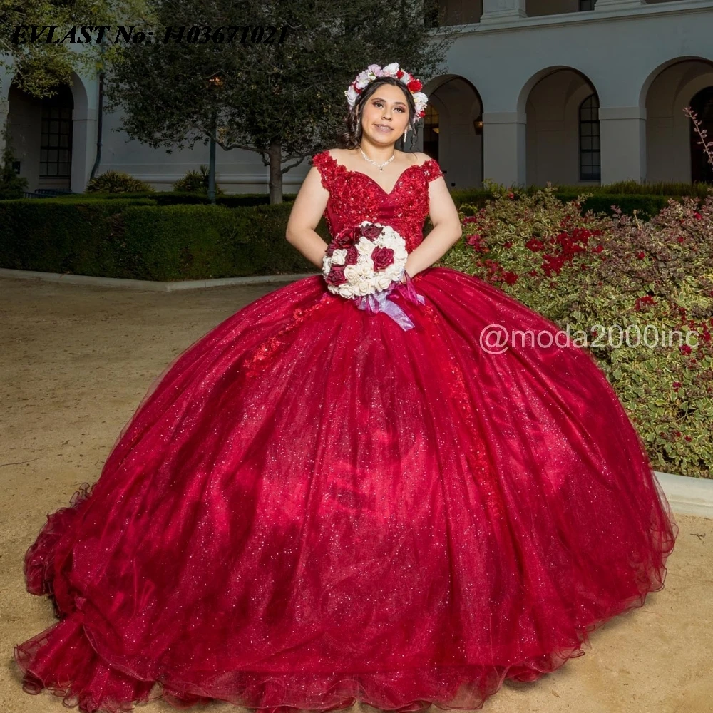 EVLAST Burgundy Quinnceanera Dress Ball Gown Applique Beaded Crystal Mexico Corset Sweet 16 Vestidos De 15 Anos SQ593