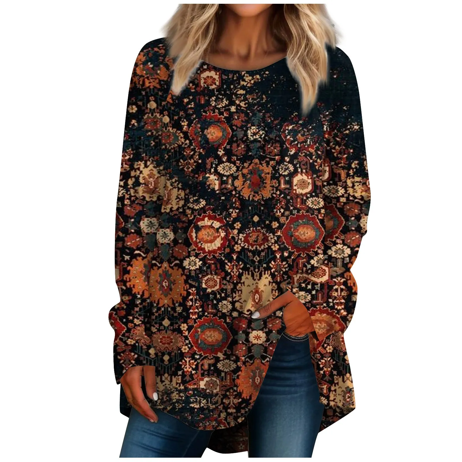

Ethnic Printed T Shirt Women Autumn Round Neck Long Sleeve Retro Pullover Female Casual Vintage Bohemian Style Tops