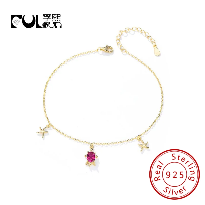 

fulsun Beach Adjustable anklet Ruby turtle starfish anklet 925 Sterling Silver anklet Boho Simple Foot Jewelry For Women