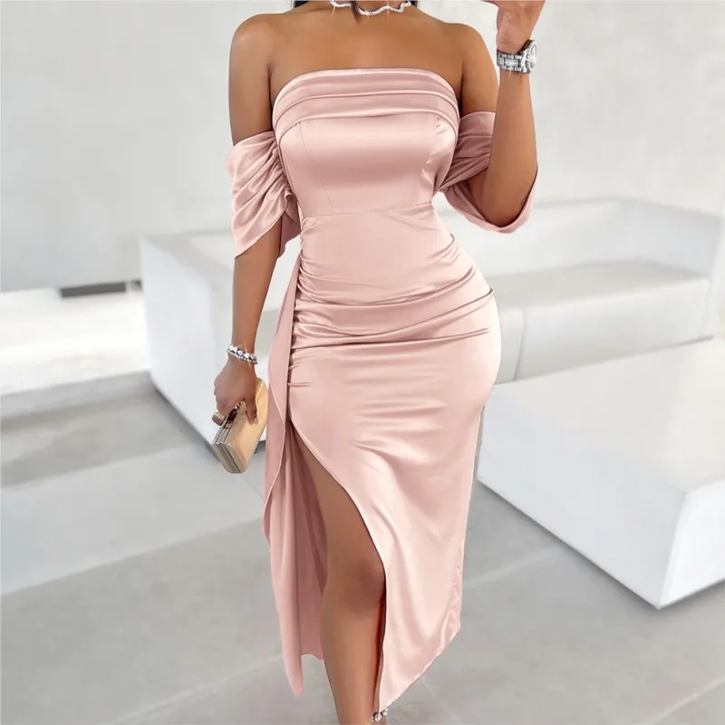 

Women Beachwear Swimsuit Cover Up Ladies Beach Fashion Summer New Solid Color Shoulder Wipe Pleated Buttock Dress Female