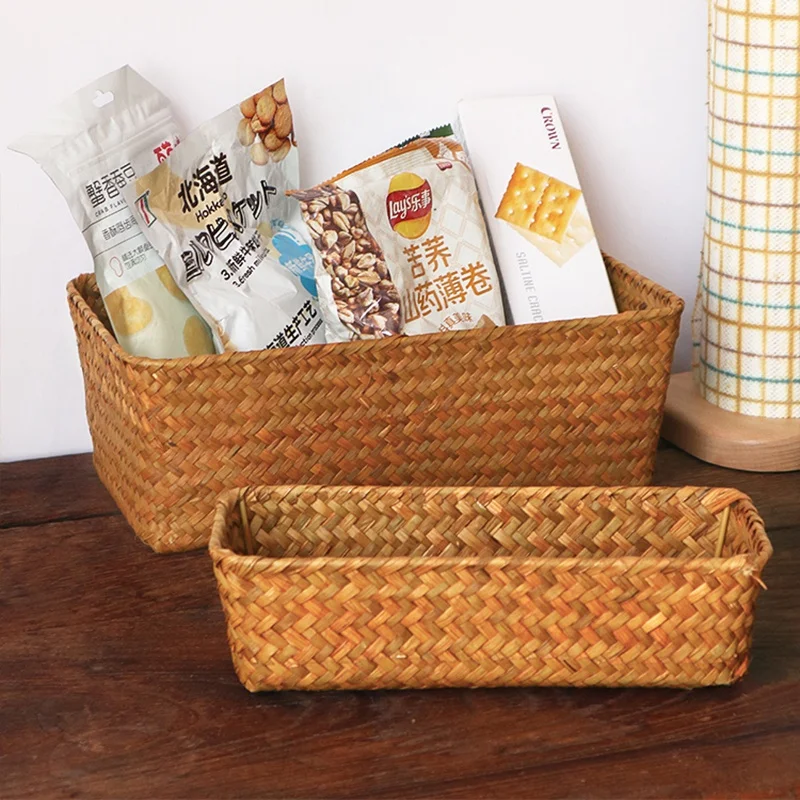 Rectangular Straw Rattan Storage Baskets Woven Seagrass Storage Basket Handmade Desktop Storage Box Sundries Snack Organizer 2