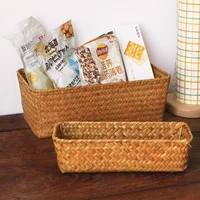 Rectangular Straw Rattan Storage Baskets Woven Seagrass Storage Basket Handmade Desktop Storage Box Sundries Snack Organizer 2
