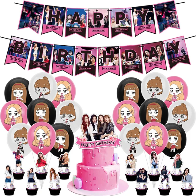 Décoration de fête d'anniversaire pour fille, ballons noirs et roses,  bannière coréenne, décoration de gâteau, britware, toile de fond Photoshop,  baby shower - AliExpress