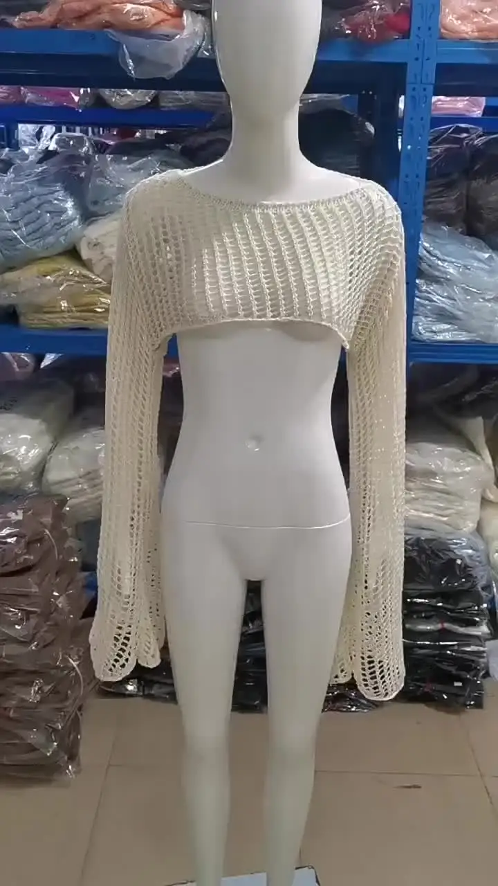 Shiyifa Y2K - Camiseta Corta De Punto De Ganchillo Con Hueco Para Mujer, Manga Larga, Bolero, Suéter De Calle, Verde