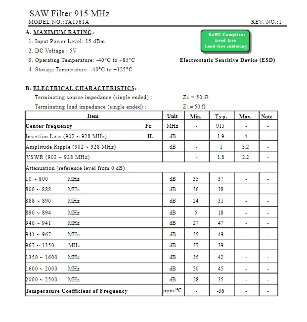 10 Teile/los Neue Original SAW Filter 915MHz 5V 1,9 dB Einfügung Verlust Oberfläche Akustische Welle TA1561A Code S8 – Detail 1