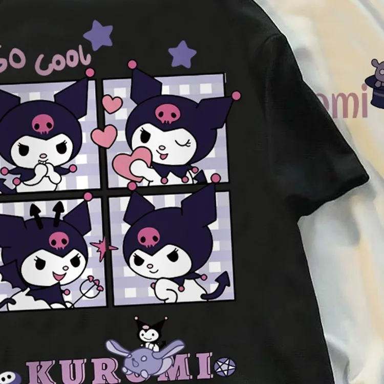 

Fashion Casual Sanrio Kawaii Kuromi Short Sleeve T-Shirt Cute Cartoon New Summer Loose Thin Cotton Top Girls Birthday Gift