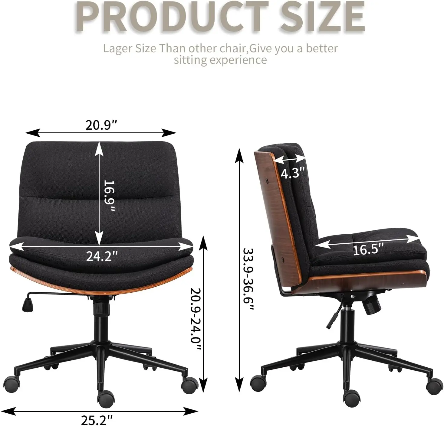 Armless Modern Walnut Office Desk Chair with Wheels, Adjustable Wide Swivel Task Chair, Ergonomic Cross Legged Fabric Chair for 2