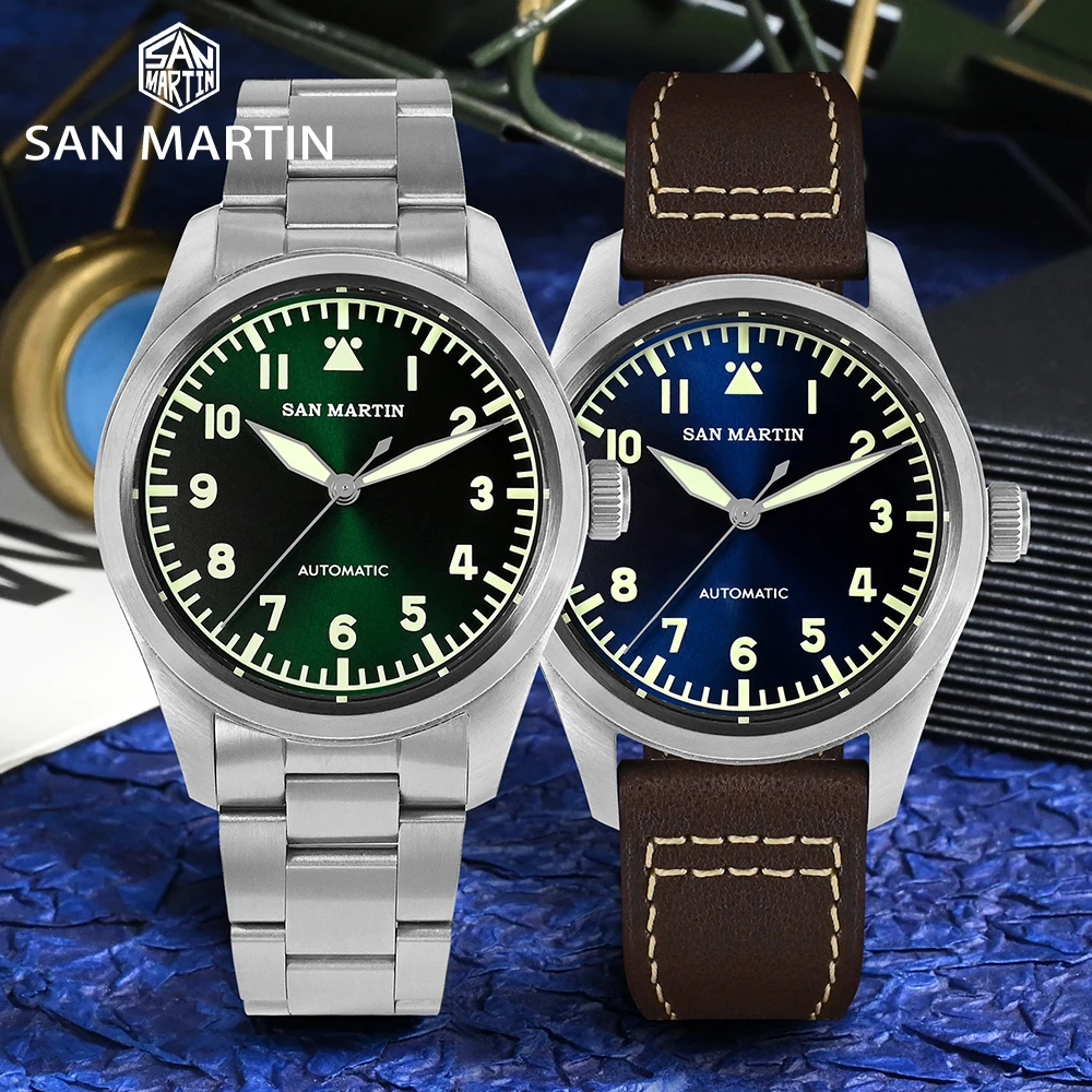 

San Martin Classic Pilot Watch SN0030G 39mm NH35 Automatic Mechanical C3 Luminous Sunray Dial Simple Fashion Men Military Watch