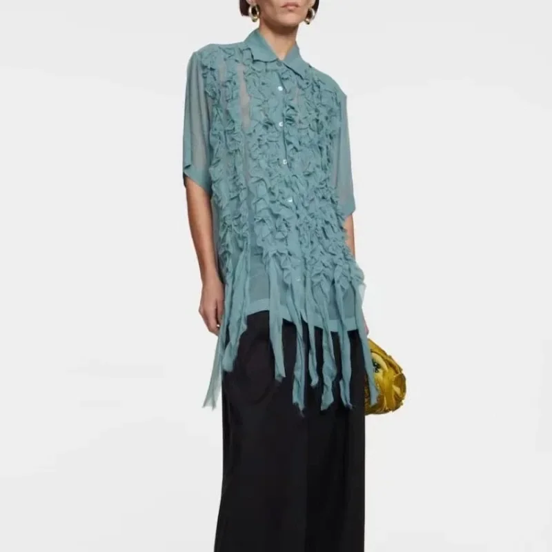 

(High Quality)Women's Summer Celebrity Style DressesModel Art Style Ruffle Pleated Two Color Shirt Top Blouse Women Streetwear