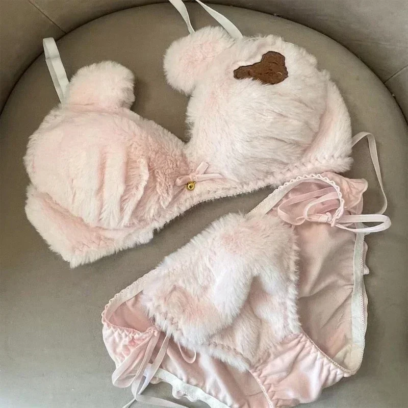 2Pcs Womens Lolita Kawaii Bra Panty Set Cute Bear Embroidery