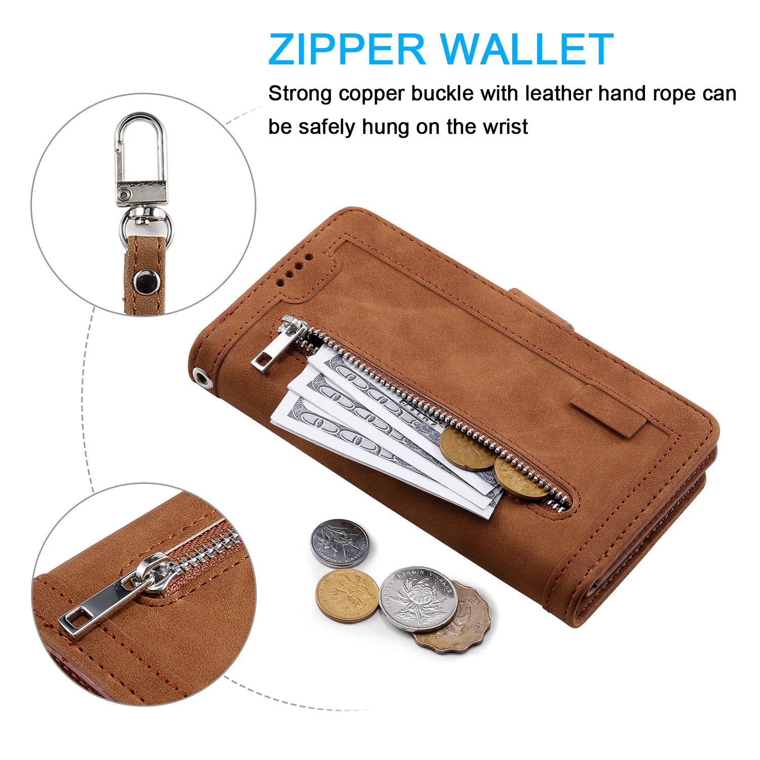Retro Leather Zipper Wallet Case with Lanyard Wrist Strap and Multi-Card Slots