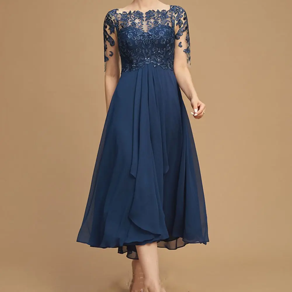 Wedding Guest Gown Short Sleeve A Line Lace Appliques Ruffles Mom Dresses Classic Scoop Neck Ankle Length