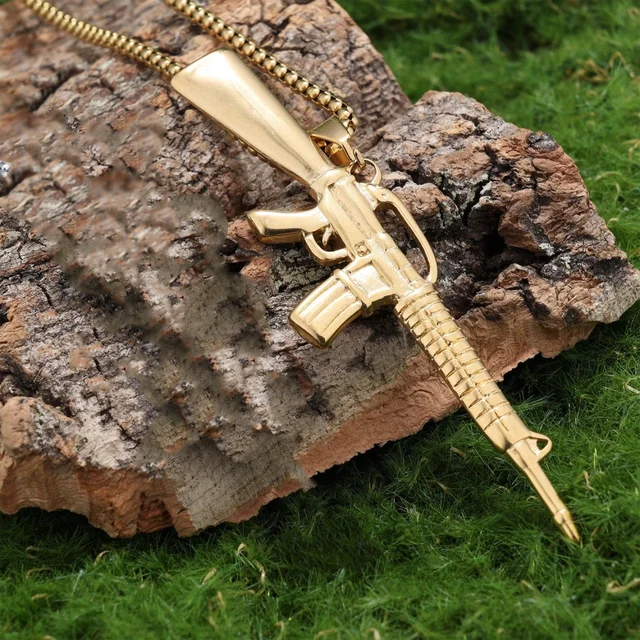 Collana Da Uomo In Acciaio Inox Placcato Oro AK 47 Gun Con Ciondolo A Catena Per Regalo O Accessorio Per Feste - Foto 7