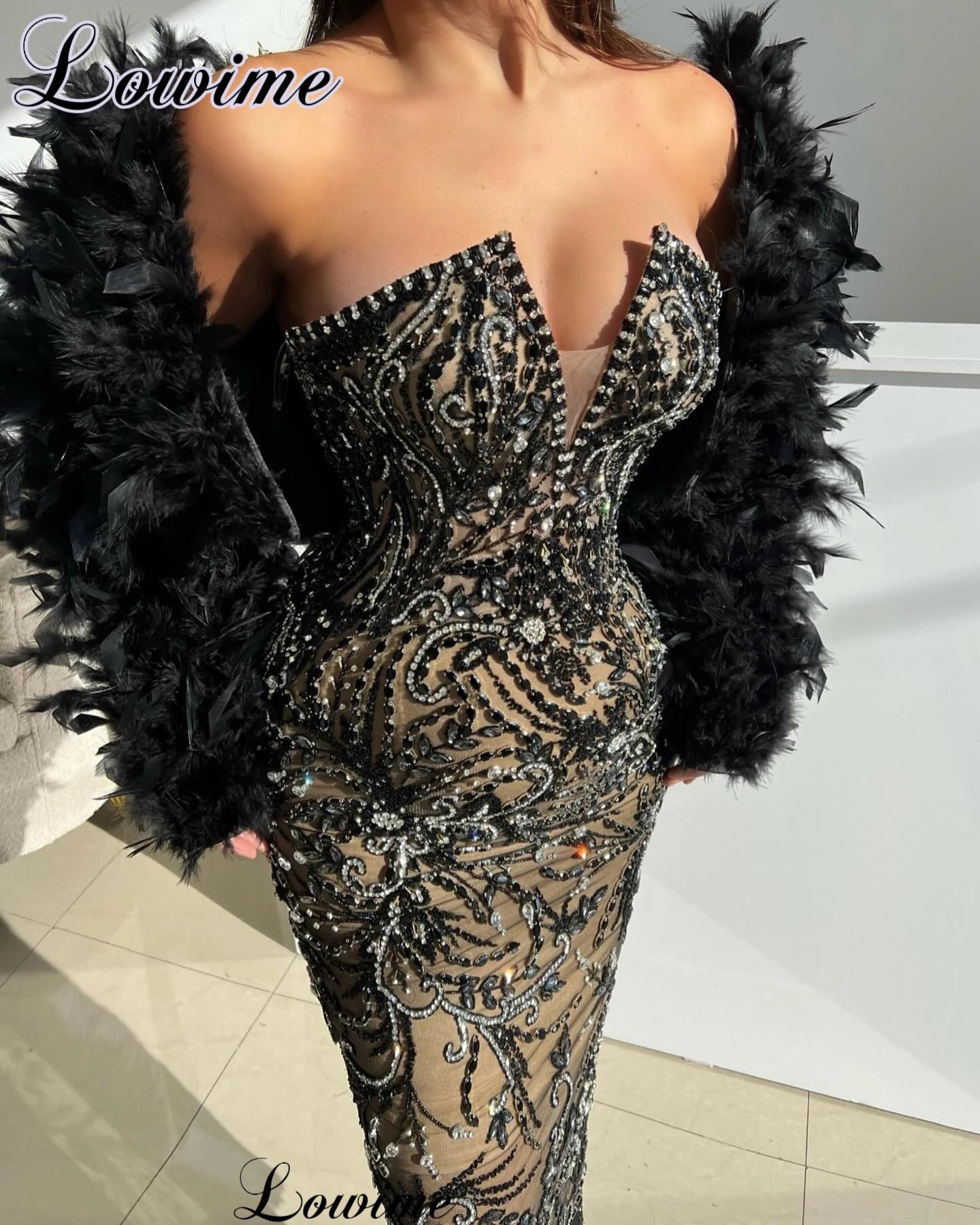 Two Pieces Cocktail Dresses With Feathers Cape Ankle Length Evening Dresses Customized