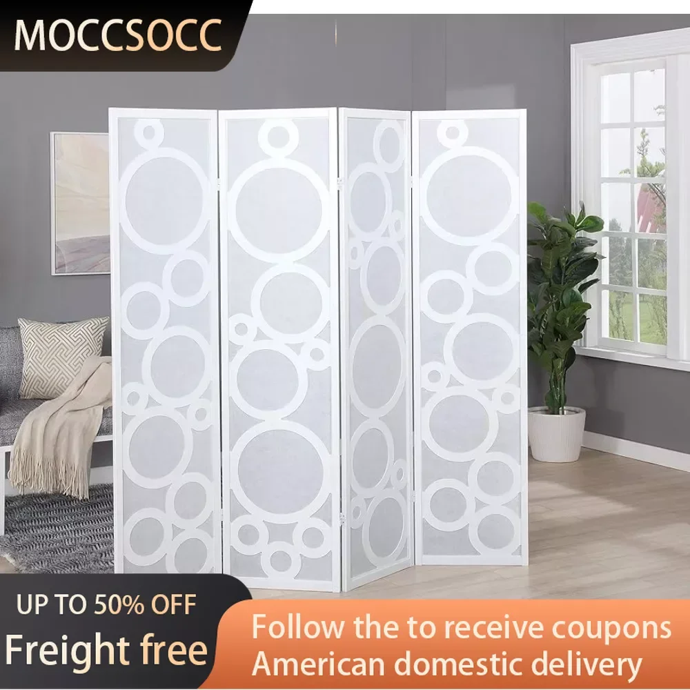 

4-Panel Wood Room Divider With Circle Pattern Desk Partition Wall Dividers White Freight Free Folding Room Screen Standing Decor