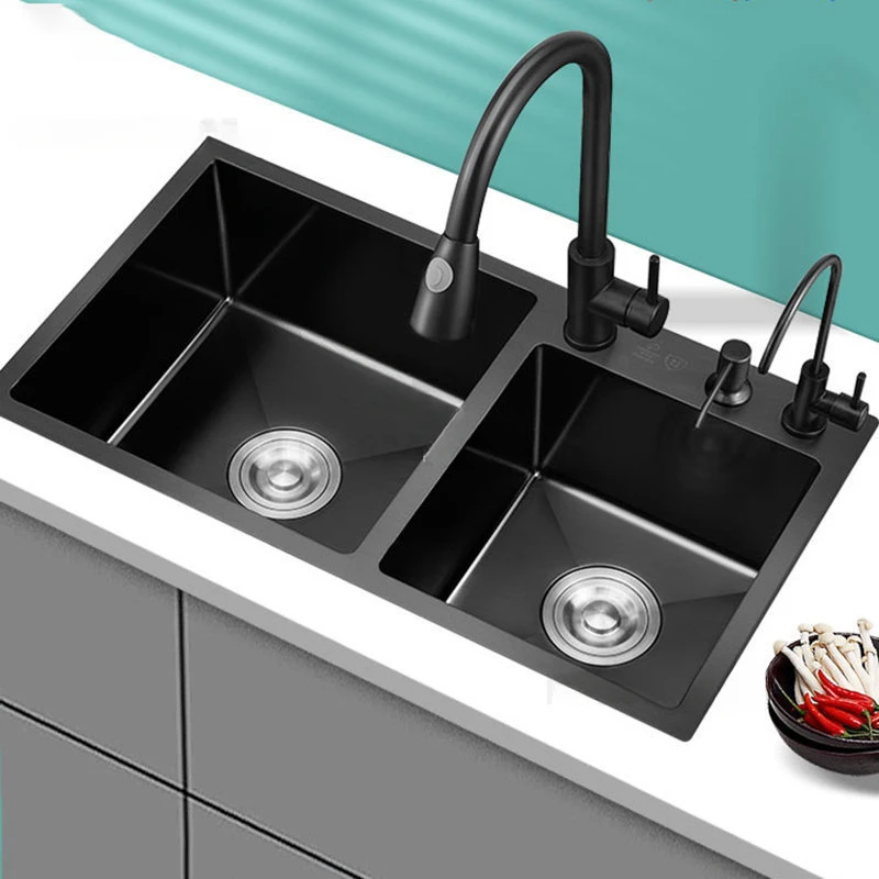 

Nano Black Kitchen Sinks Home Double-slot Large Basin Stainless Steel Handmade Sink Home Kitchen Dishwashing Sink Accessories