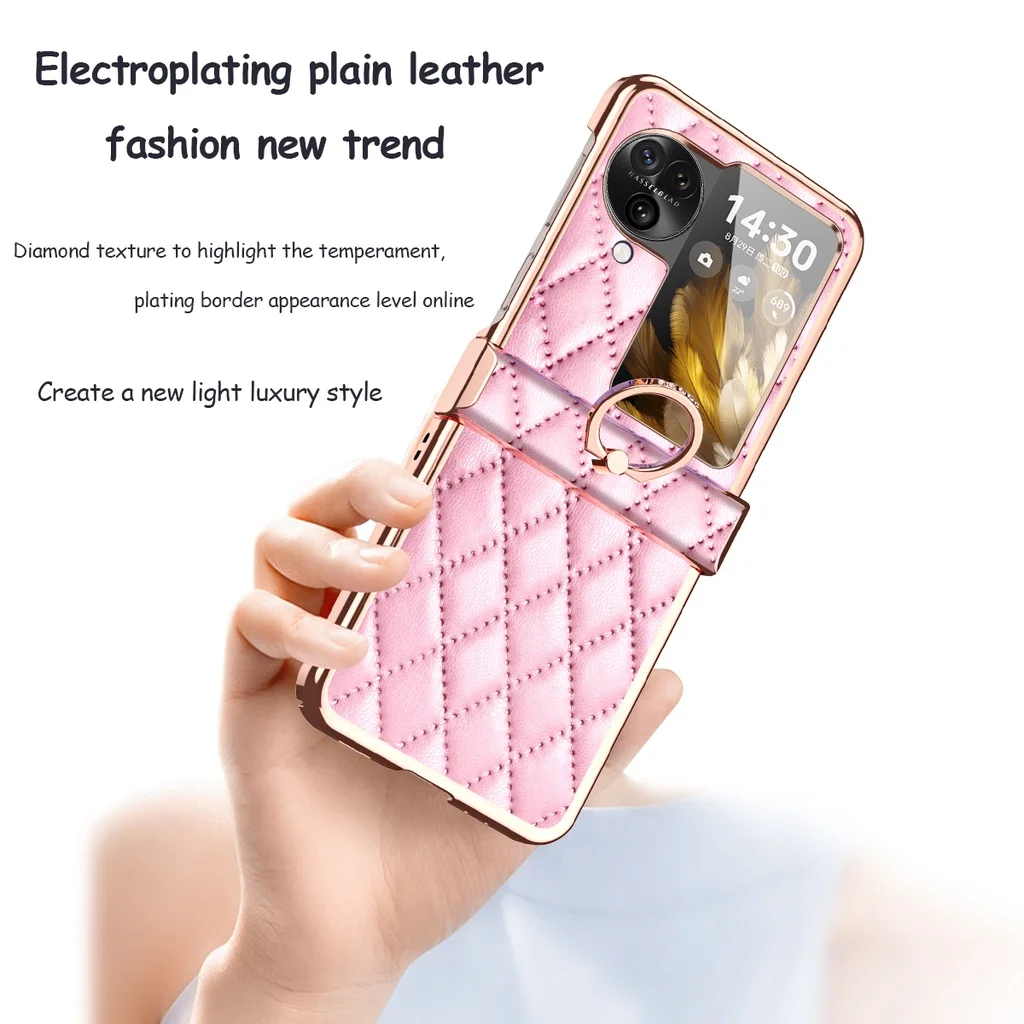 Luxury Rhombus Leather Ring Stand Case For OPPO Find N3 Flip Plating Metal Frame Lens protective Flash Drilling Bracket Cover